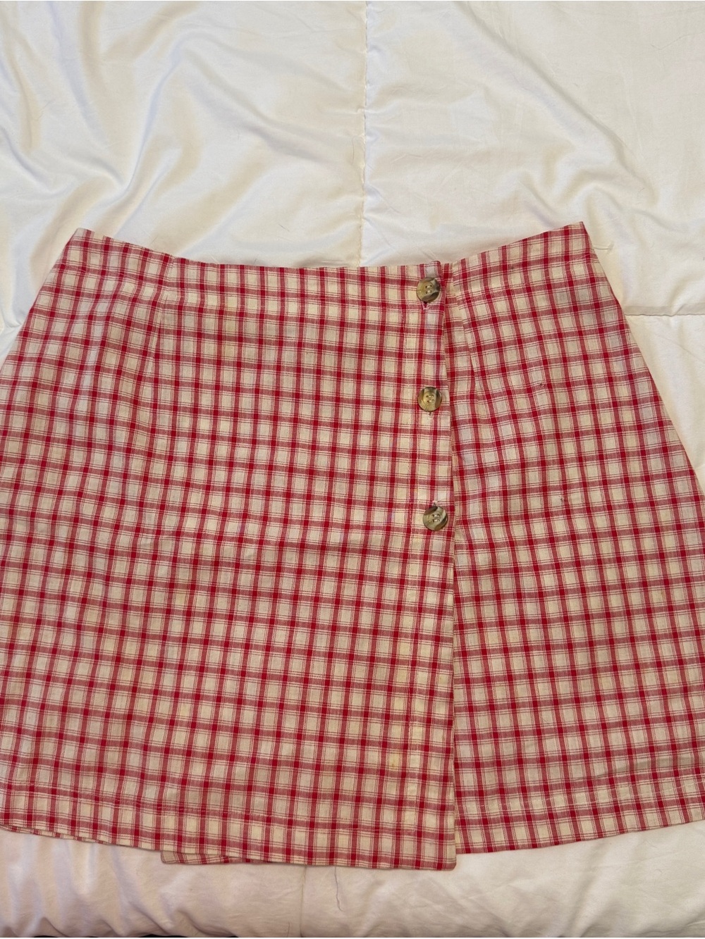 Expressions Red and Cream Plaid Button-Front Mini Skirt